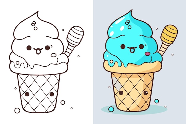 Cute Ice Cream Cartoon line art vector Icono ilustración Comida bebida Flat Cartoon Concept Pro Vector