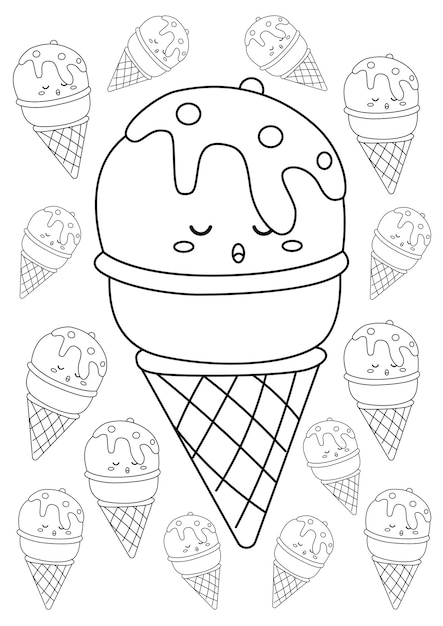 Cute Ice Cream Cone Doodle Postre Snack Sabor para colorear para niños y dibujos animados para adultos