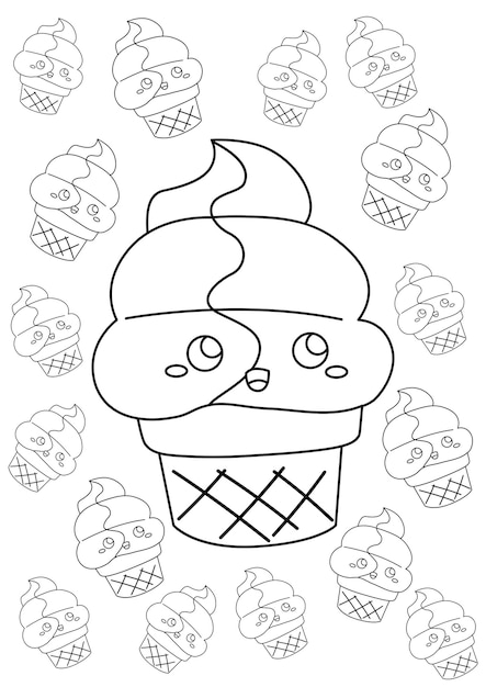 Cute Ice Cream Scoop Cup Doodle Postre Snack Sabor para colorear para niños y dibujos animados para adultos