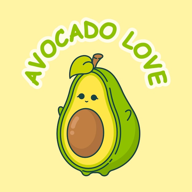 Cute Kawaii Avocado Cartoon Vector Illustration Alegre ilustración vectorial de un lindo personaje de aguacate kawaii acompañado por la leyenda Avocado Love