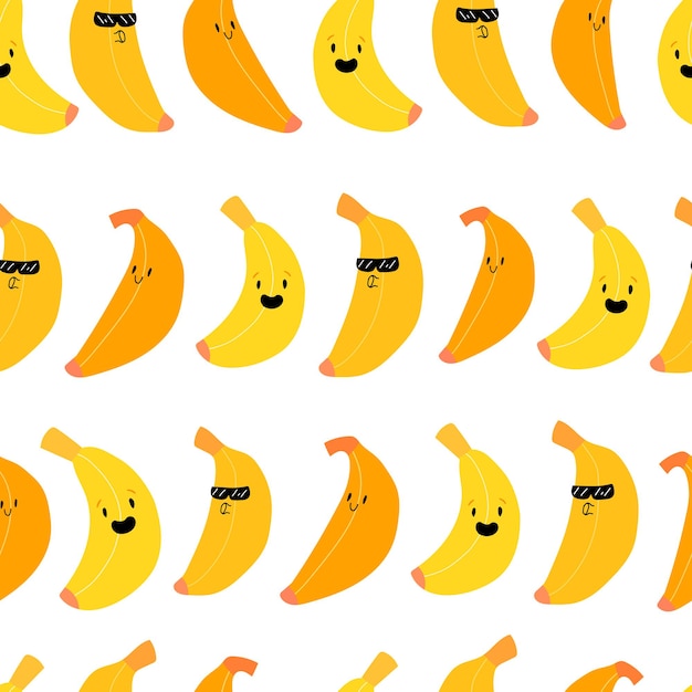 Cute kawaii banana fruit de patrones sin fisuras Fruta con ilustración de vector de stock de patrón de sonrisa