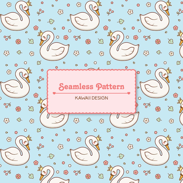 Cute kawaii cisnes y flores de patrones sin fisuras transparentes