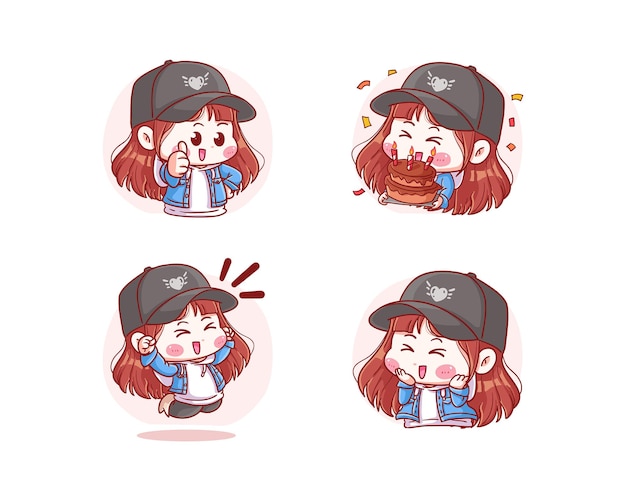 Cute y kawaii Korean Girl Thumb Up Celebrate Birthday Jump y Emocionado manga chibi Ilustración