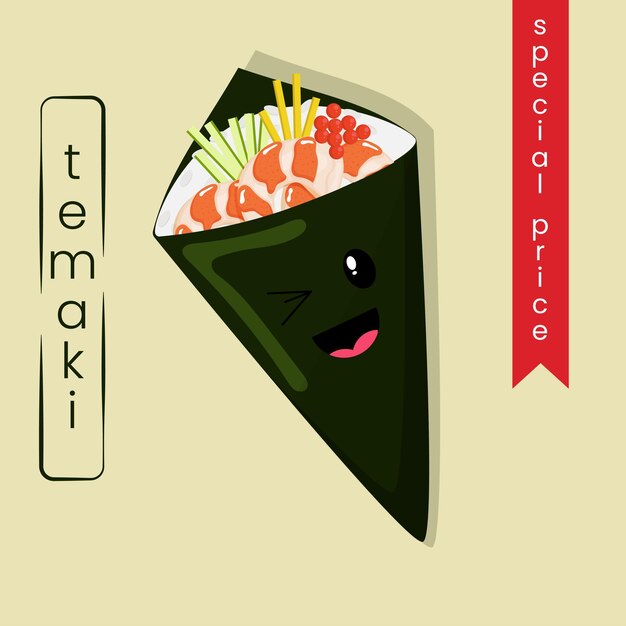 Cute kawaii temaki sushi banner, póster, plantilla de publicación en redes sociales.