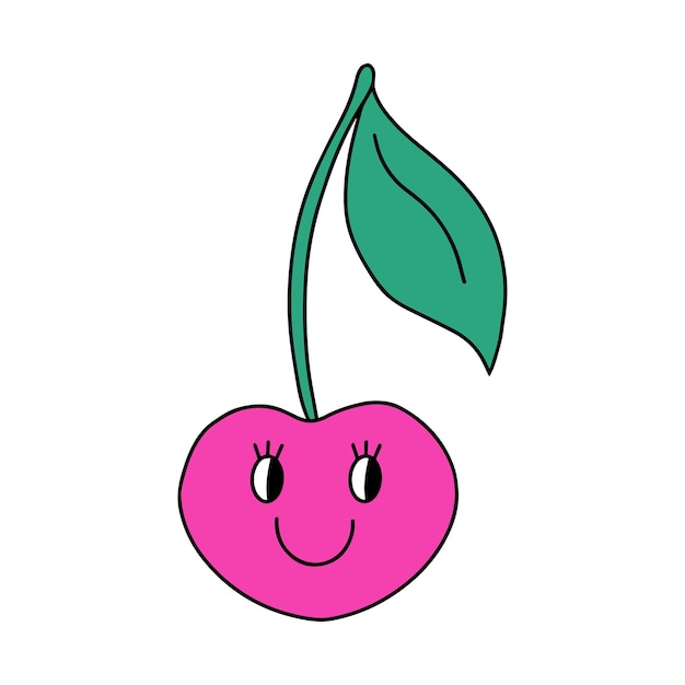 Cute kawaii y2k cherry berry con cara sonriente y hojas Sweet fruit plant character retro 90 design