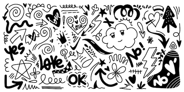 Cute kid scribble doodle icons set Hand drawn childish funny simple vector illustrations Flower heart star crown cloud