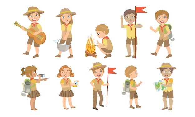 Cute Kids Scouts Camping Set Cute Boys and Girls in Scout Costumes Cocinar Tocar la guitarra Hacer senderismo Ilustración vectorial