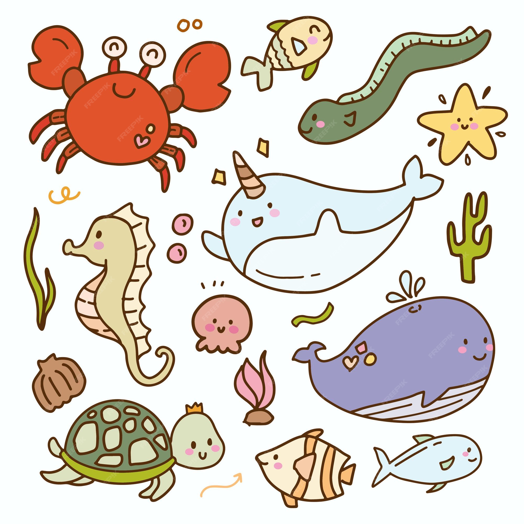 Cute kids sticker bebé mar animal doodle icono colección de dibujo. dibujos  animados de ballena cangrejo de pescado. | Vector Premium