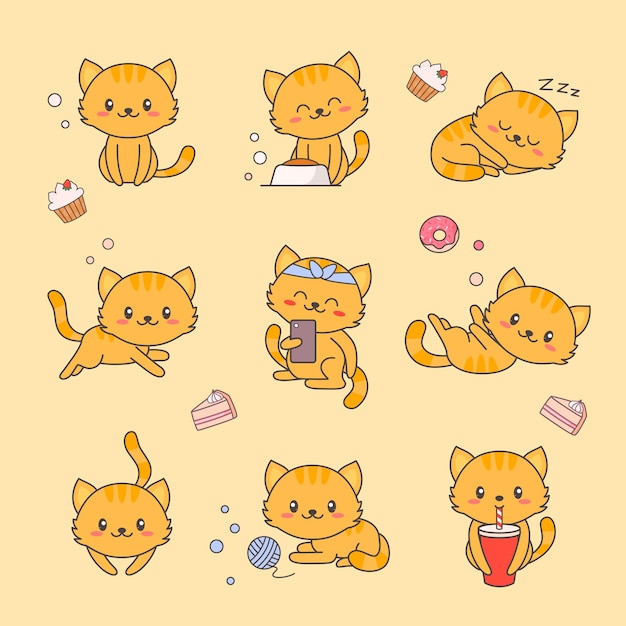 Cute kitten kawaii character set de pegatinas.