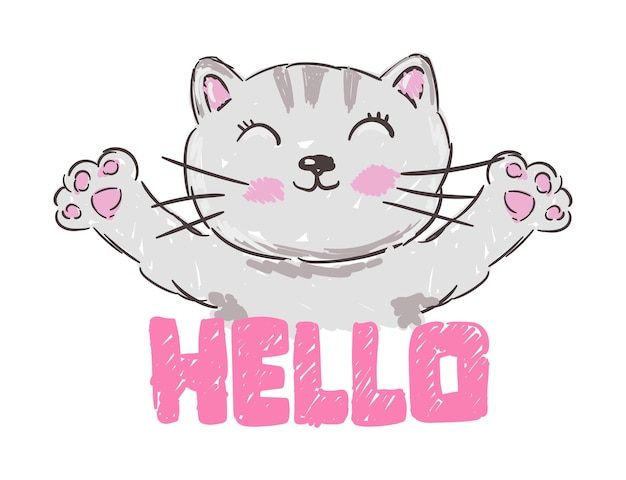 Cute Kitty con letras Hello Funny baby cat útil para muchas aplicaciones, sus diseños imprimen para proyectos de álbumes de recortes de ropa