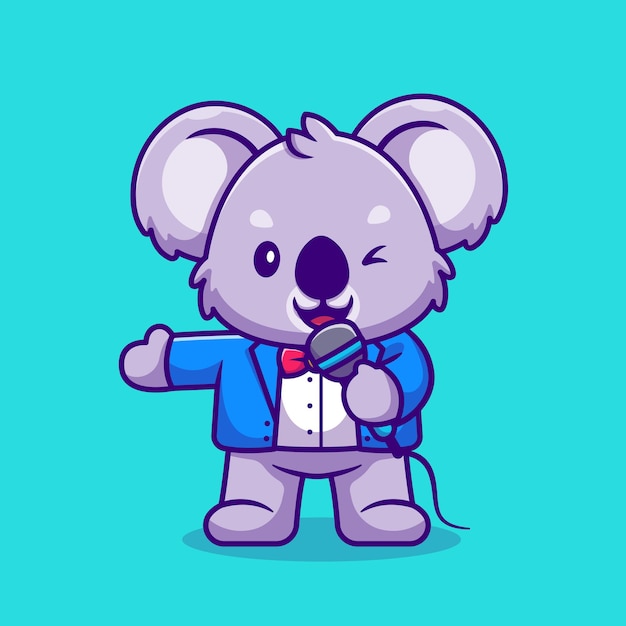 Cute Koala Master of Ceremony con dibujos animados de micrófono. Estilo de dibujos animados plana