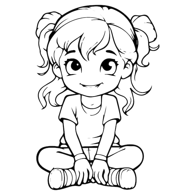 Cute Line art Girl sentarse en el suelo para colorear página ilustración vectorial