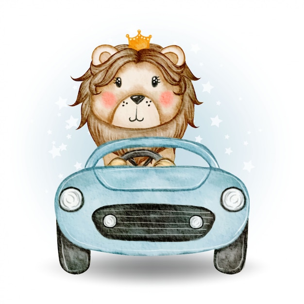 Cute lion king conducir un auto ilustración acuarela