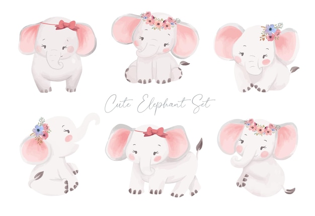 Vector cute little baby elephant acuarela con corona de flores dibujo a mano ilustración safari animal set