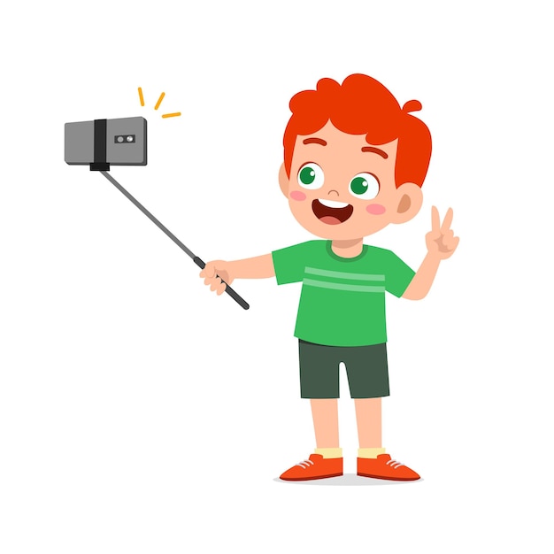 Vector cute little boy boy pose y selfie frente a cámara