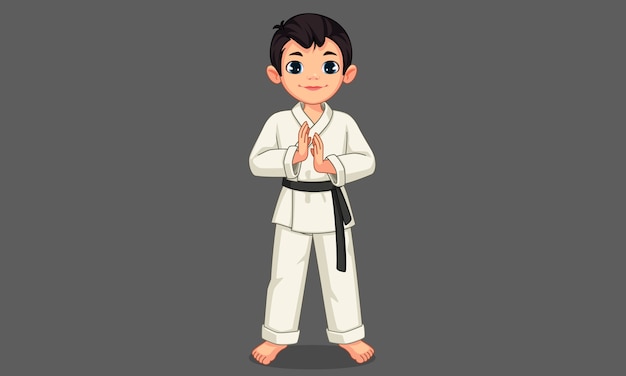 Cute little boy karate en pose de pie ilustración