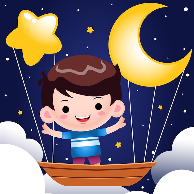 Cute Little Boy montando en barco volador por la noche