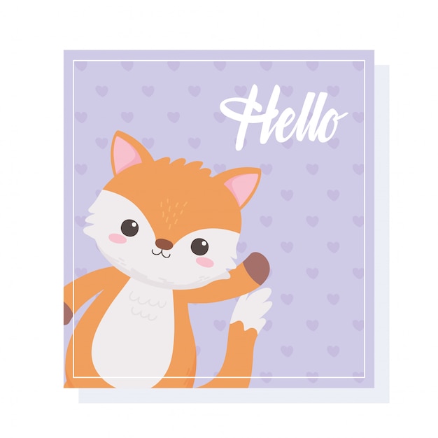 Cute little fox agitando la mano hola tarjeta animal cartoon vector illustration