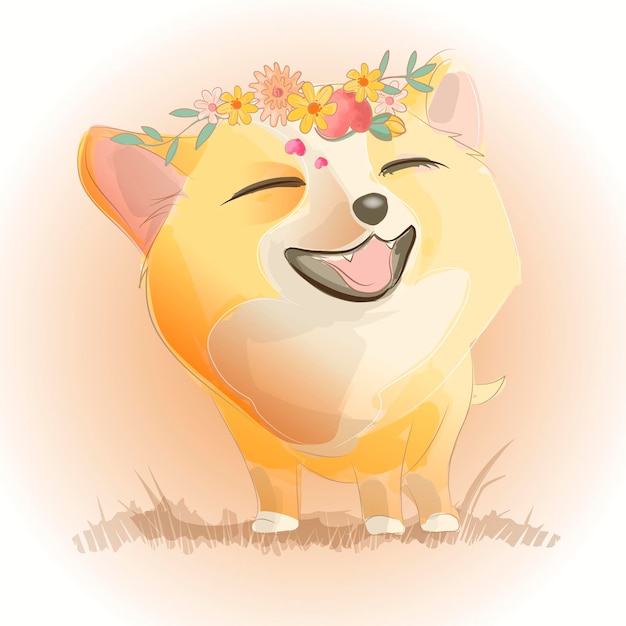Cute little fox o cachorro está sonriendo. dibujos animados