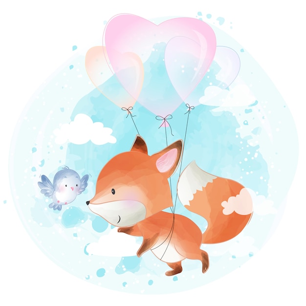 Cute little foxy volando con globo de amor