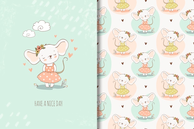 Cute little girl mouse en la ilustración de estilo dibujado a mano. fondo y tarjeta de repetición de niña