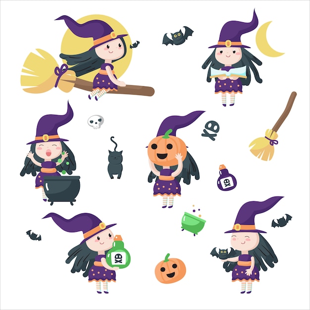 Vector cute little halloween brujas ilustración aislada