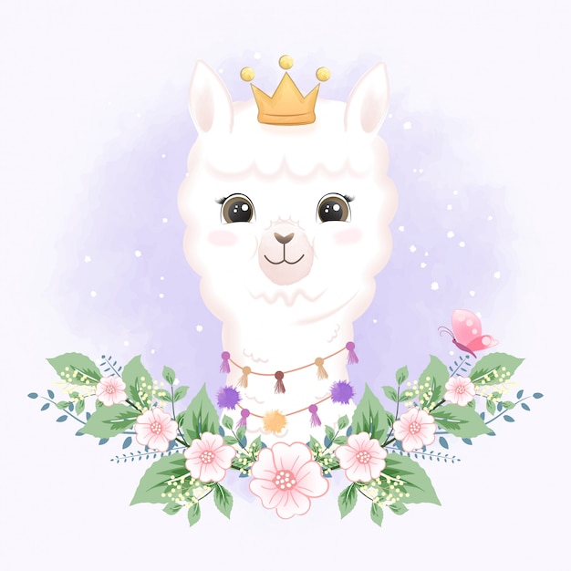 Cute Little Llama con corona ilustración de dibujos animados dibujados a mano