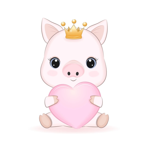 Cute Little Pig y Pink Heart ilustración de dibujos animados