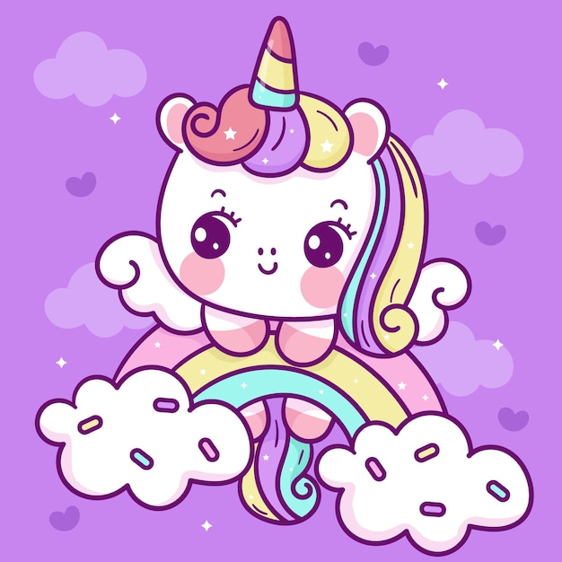 Cute little unicorn cartoon pony pegasus en candy cloud y rainbow kawaii animal