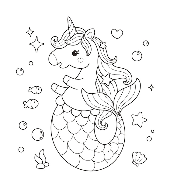 Cute mermaidcorn unicornio sirena para colorear ilustración de página