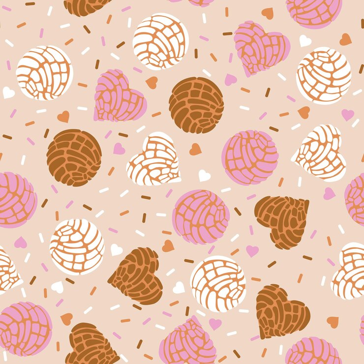 Vector cute mexican cookies concha, traditional mexican bread, seamless pattern vector illustration, design for valentines, fashion, fabric, textile, wallpaper, cover, web, wrapping and all prints