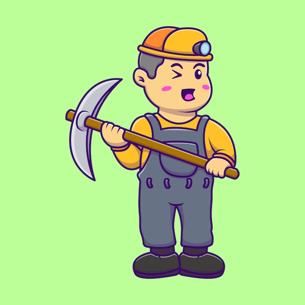 Cute Miner Boy Holding Pickaxe Ilustración vectorial de dibujos animados concepto de dibujos animados planos