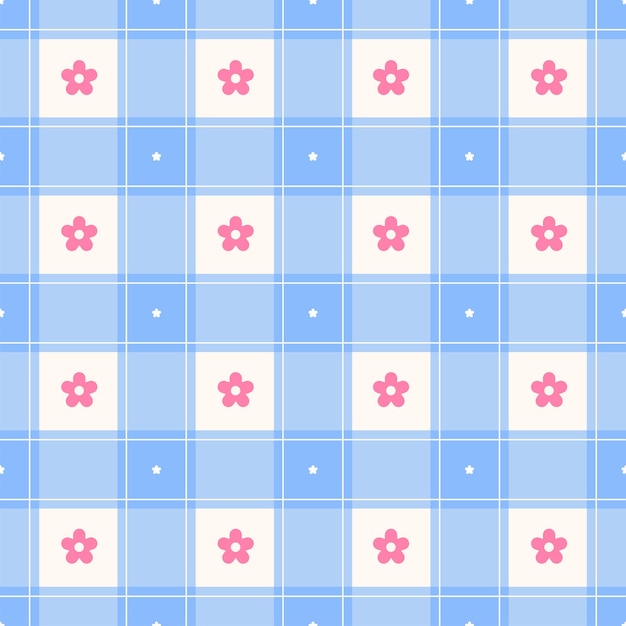 Cute Minimal Mini Flower Pink Blue Checked Gingham Pattern Editable Stroke Cartoon Ilustración