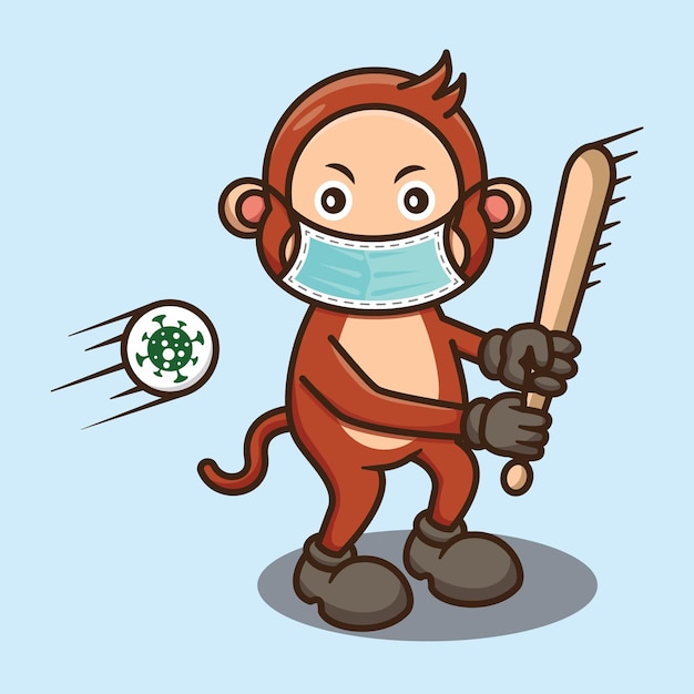 Vector cute monkey hit virus con diseño de palo de béisbol