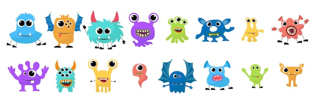 Cute Monsters Vector Set Kids diseño de personajes de dibujos animados para carteles, productos para bebés, logotipo y embalaje