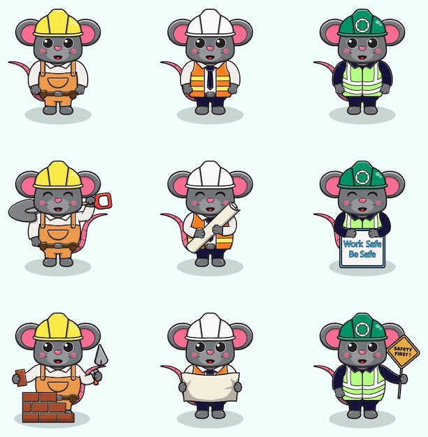Cute Mouse ingenieros trabajadores constructores personajes aislados ilustración de dibujos animados