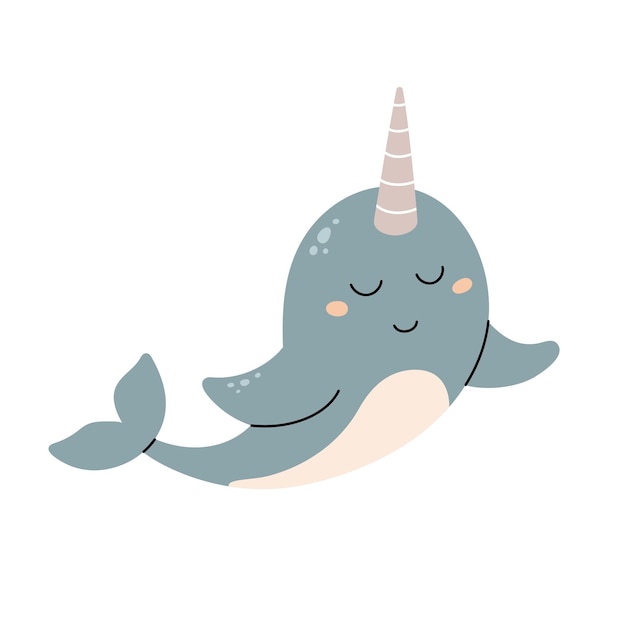 Cute narwhal vector print linda ilustración dibujada a mano con dibujos animados de animales narwhalbaby