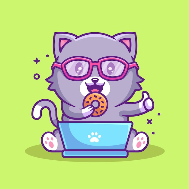 Cute nerd cat holding donut cartoon vector icon illustration premium pet vector in flat style