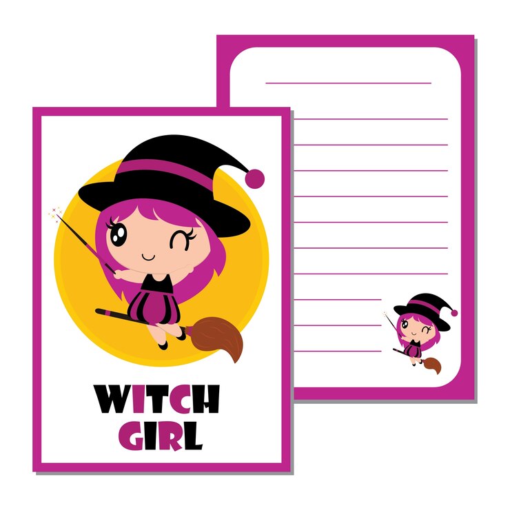 Vector cute niña de la bruja vuela con la escoba mágica en el cielo ilustración vectorial de dibujos animados para el diseño de la tarjeta de halloween, papel tapiz y diseño de la camiseta de niño