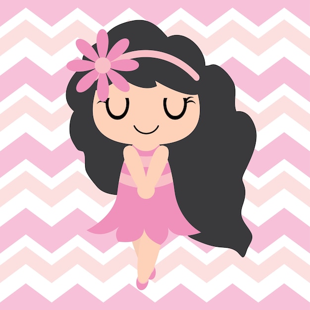 Vector cute niña de color rosa sobre fondo de chevron vector de dibujos animados