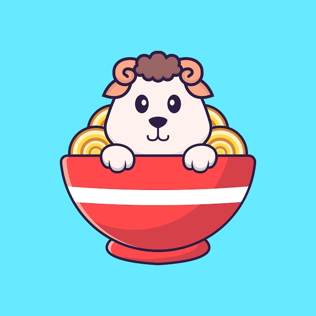 Cute ovejas comiendo fideos ramen concepto de dibujos animados de animales aislado