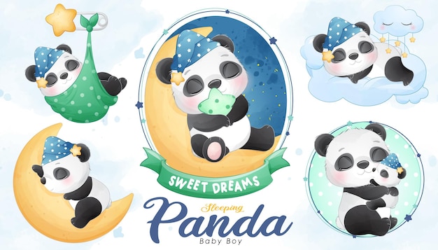 Vector cute panda durmiendo baby shower con conjunto de ilustraciones de acuarela