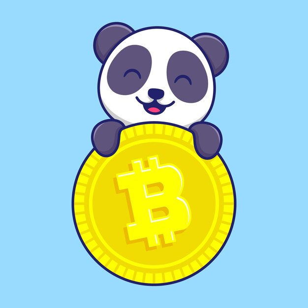 Cute Panda Holding Big Bitcoin Cartoon Vector Icon Illustration Animal Character Mascot Concepto plano