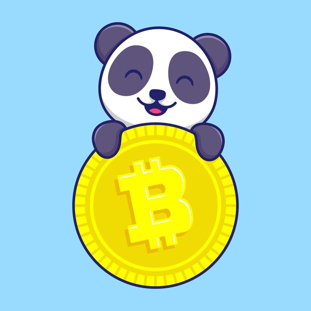 Cute panda holding big bitcoin cartoon vector icon illustration animal character mascot concepto plano