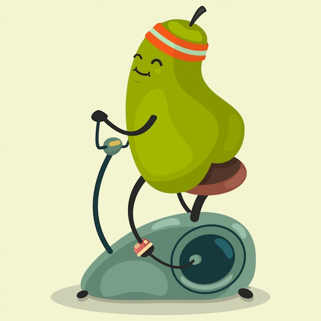 Cute Pear hace ejercicio en una bicicleta estacionaria. Vector de dibujos animados ilustración plana aislado. Comer sano y en forma.