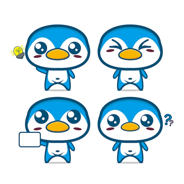 Cute penguin set collection Ilustración de vector de cara de dibujos animados plana de personaje de mascota de pingüino