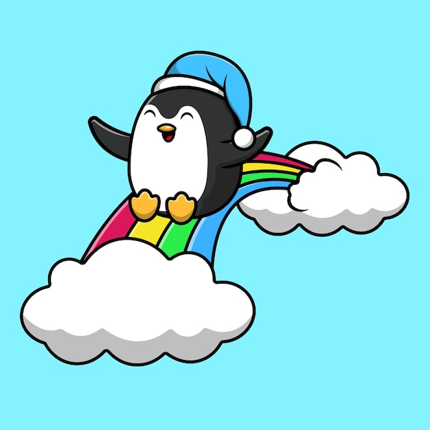 Cute penguin sleeding en rainbow cartoon vector icon ilustración