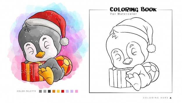 Cute penguin with gift wear santa's hat, ilustración de dibujos animados para acuarela coloring book