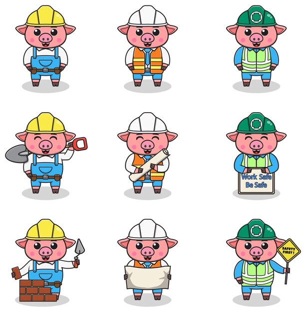 Cute Pig ingenieros trabajadores constructores personajes aislados ilustración de dibujos animados