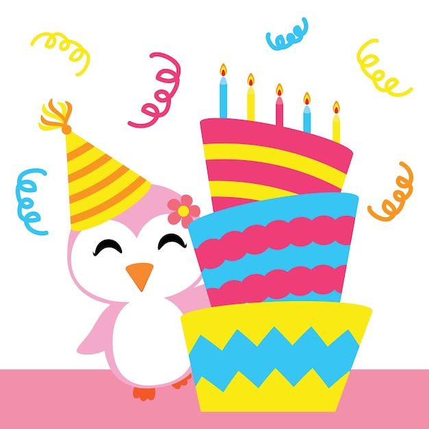 Cute pingüino chica con dibujos animados vector de torta de cumpleaños, postal de cumpleaños, papel tapiz y tarjeta de felicitación, diseño de camiseta para niños